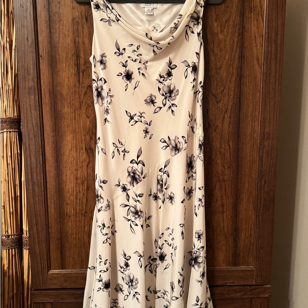 LOFT 100% Silk Shell Cream and Black Floral Midi Dress